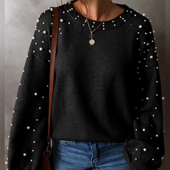 Black Pearl Detail Round Neck Long Sleeve Sweater - Picture 2 of 3